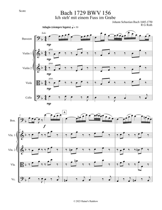 Bach 1729 BWV 156 Adagio for Bassoon Solo and Strings Parts and Score