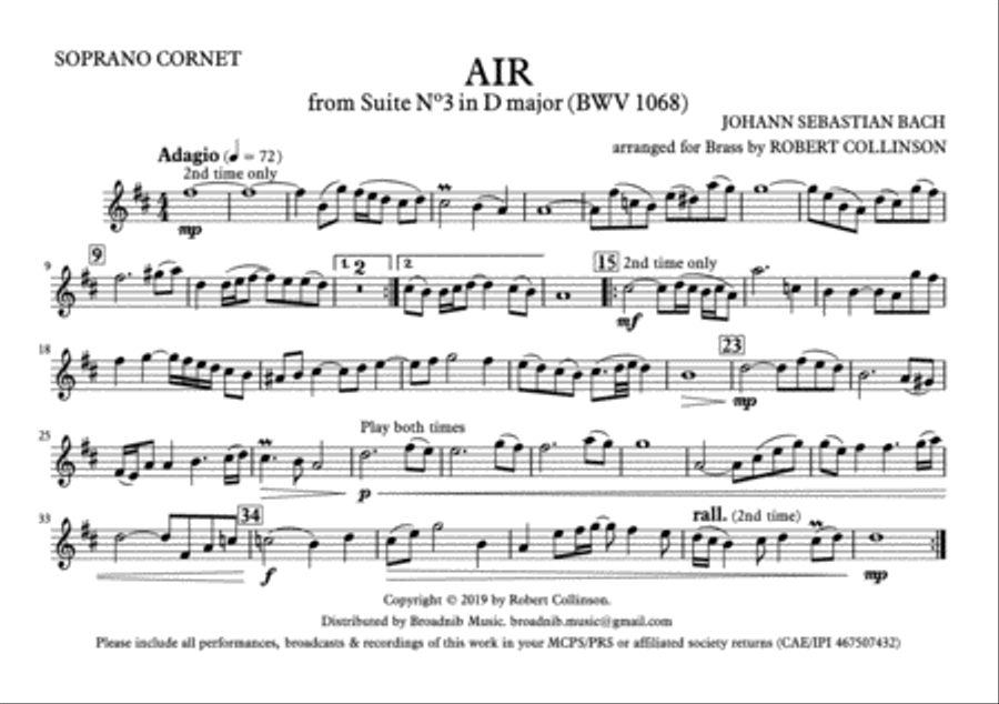 AIR FROM SUITE IN D (BWV 1068) (Bach) - March card parts (A5) only Brass Ensemble scores gallery preview page 4