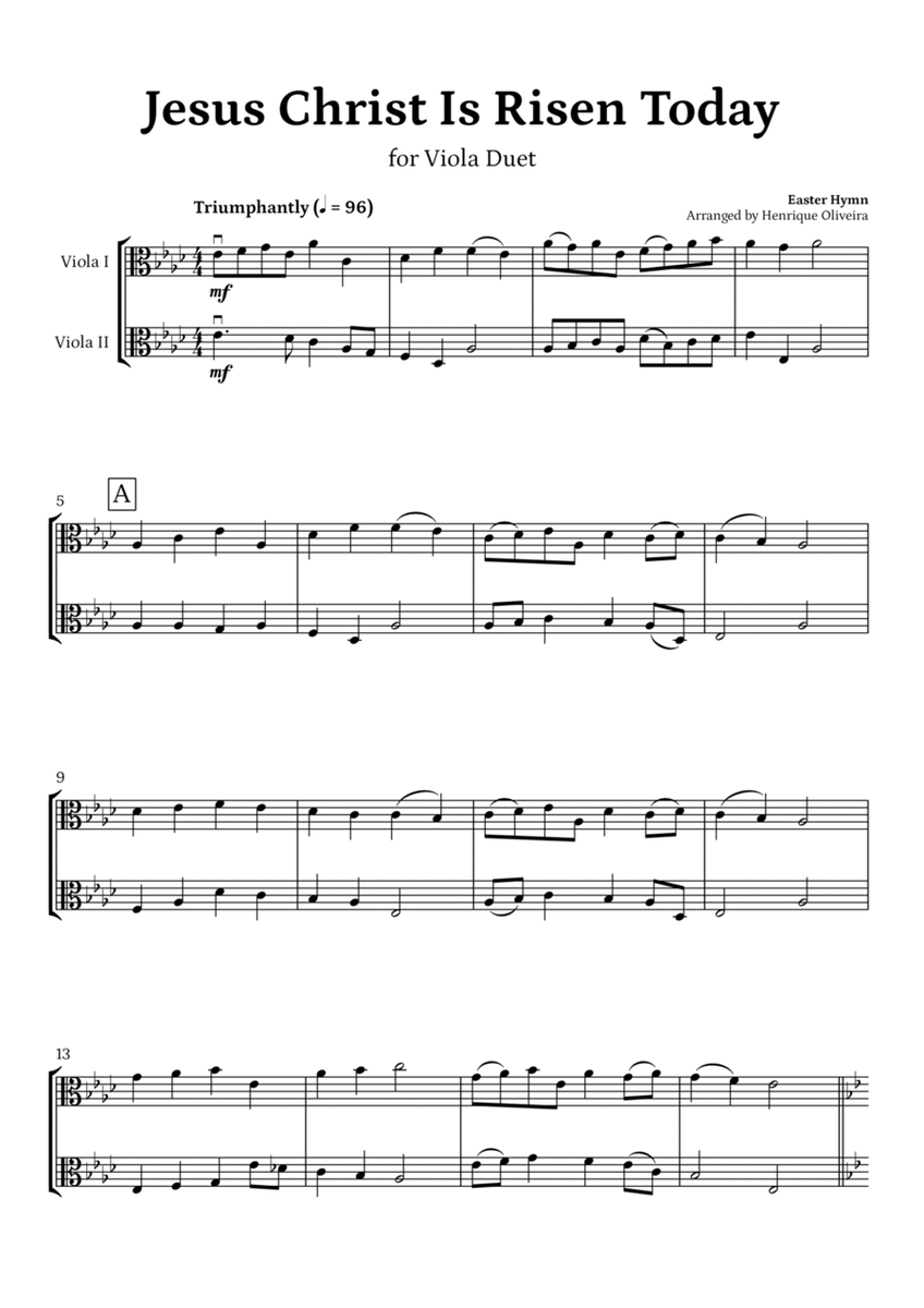 Jesus Christ Is Risen Today (for Viola Duet) - Easter Hymn image number null