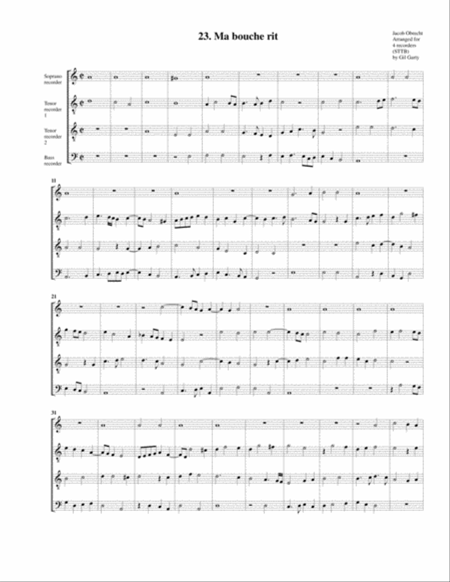 Ma bouche rit (arrangement for 4 recorders) Recorder scores gallery preview page 1
