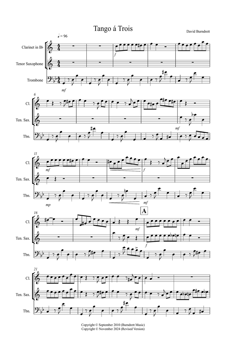 Tango a Trios for Clarinet, Tenor Saxophone and Trombone Trio Small Ensemble scores gallery preview page 1