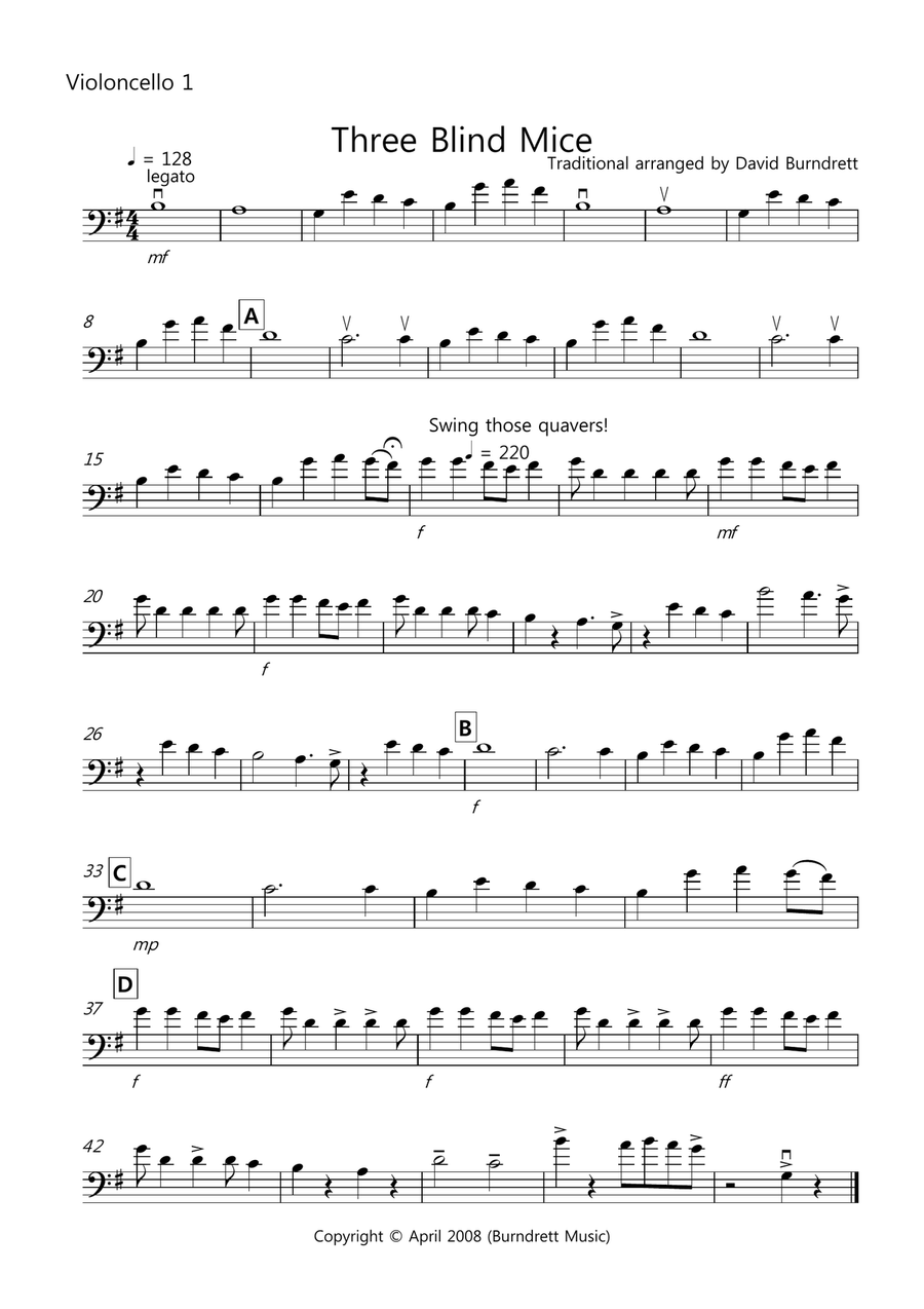 Three Blind Mice for Cello Quartet Cello Solo scores gallery preview page 3