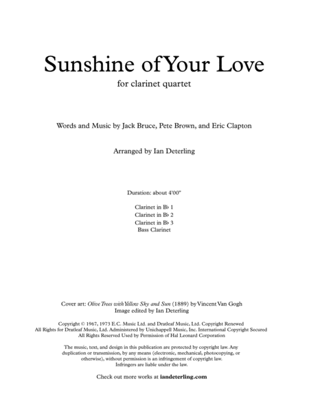 Sunshine Of Your Love for Clarinet Quartet image number null