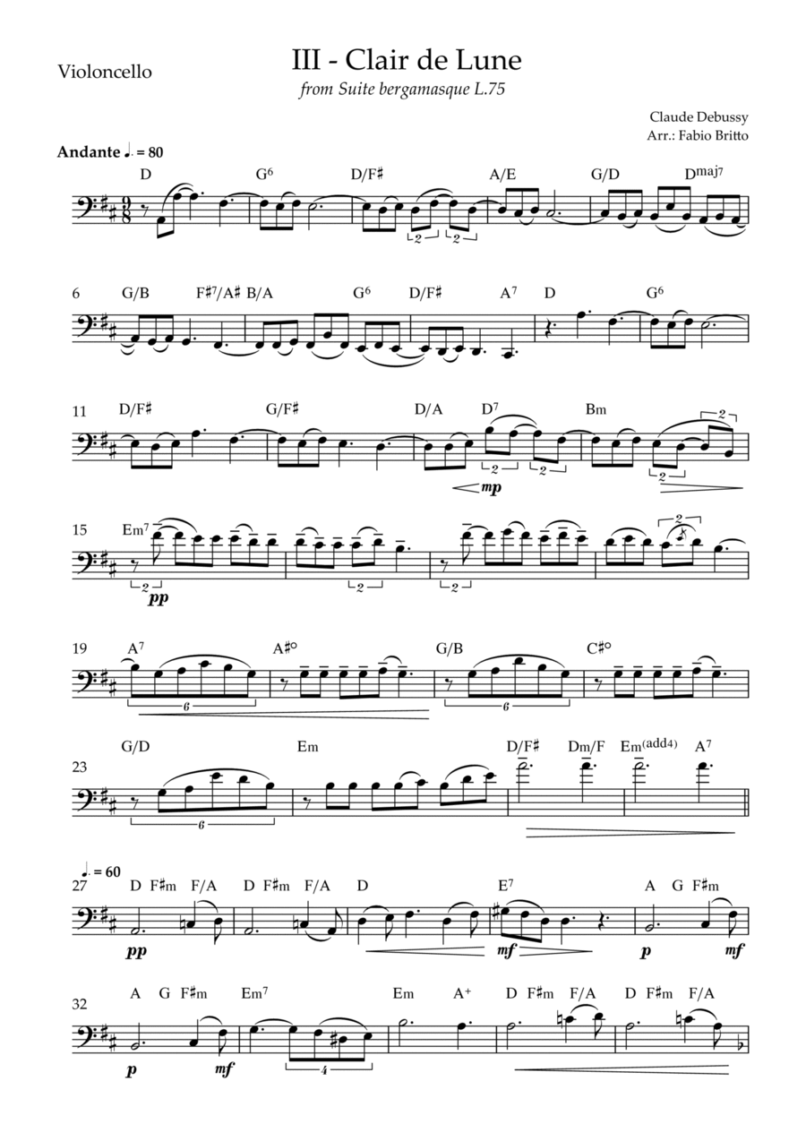 Clair de Lune (C. Debussy) for Cello Solo with Chords (D Major) Cello Solo scores gallery preview page 1
