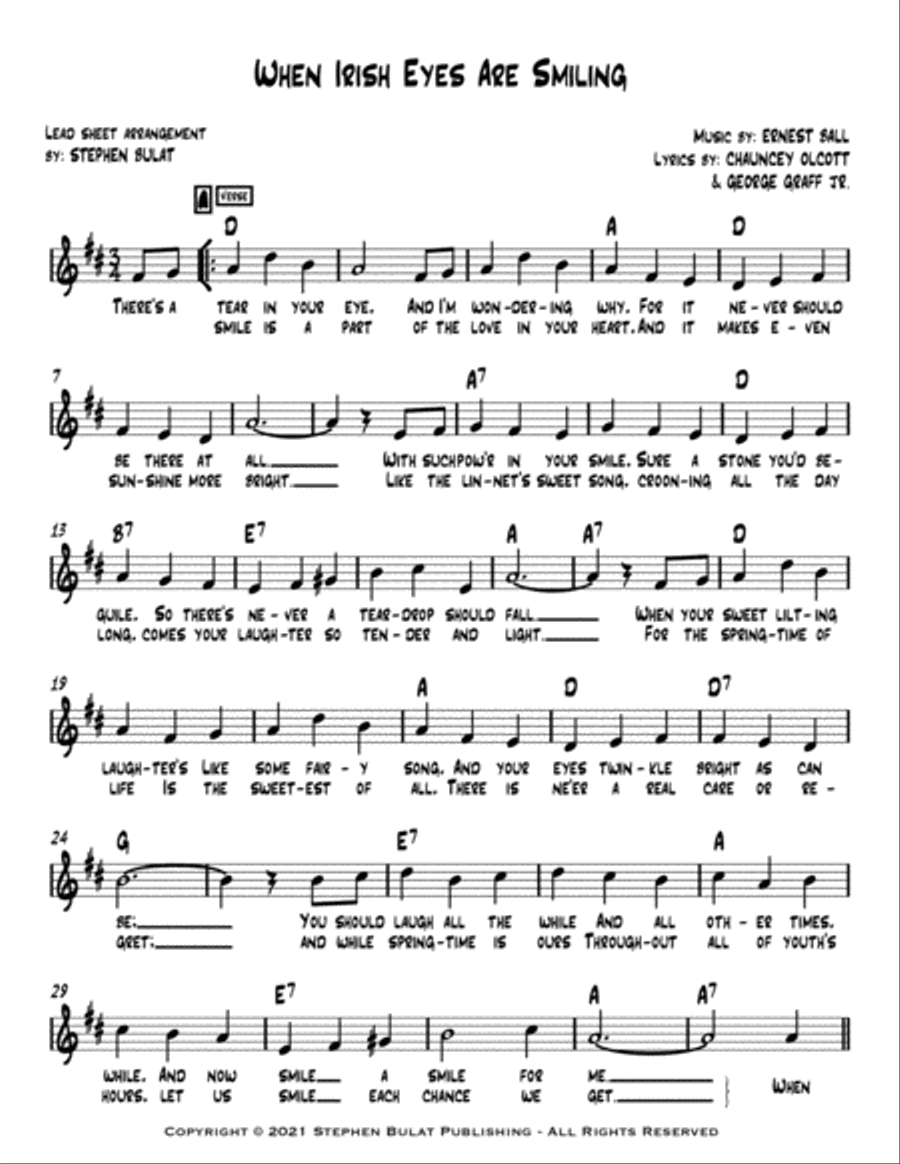 When Irish Eyes Are Smiling - Lead sheet (melody, lyrics & chords) in original key of D Large Ensemble scores gallery preview page 2