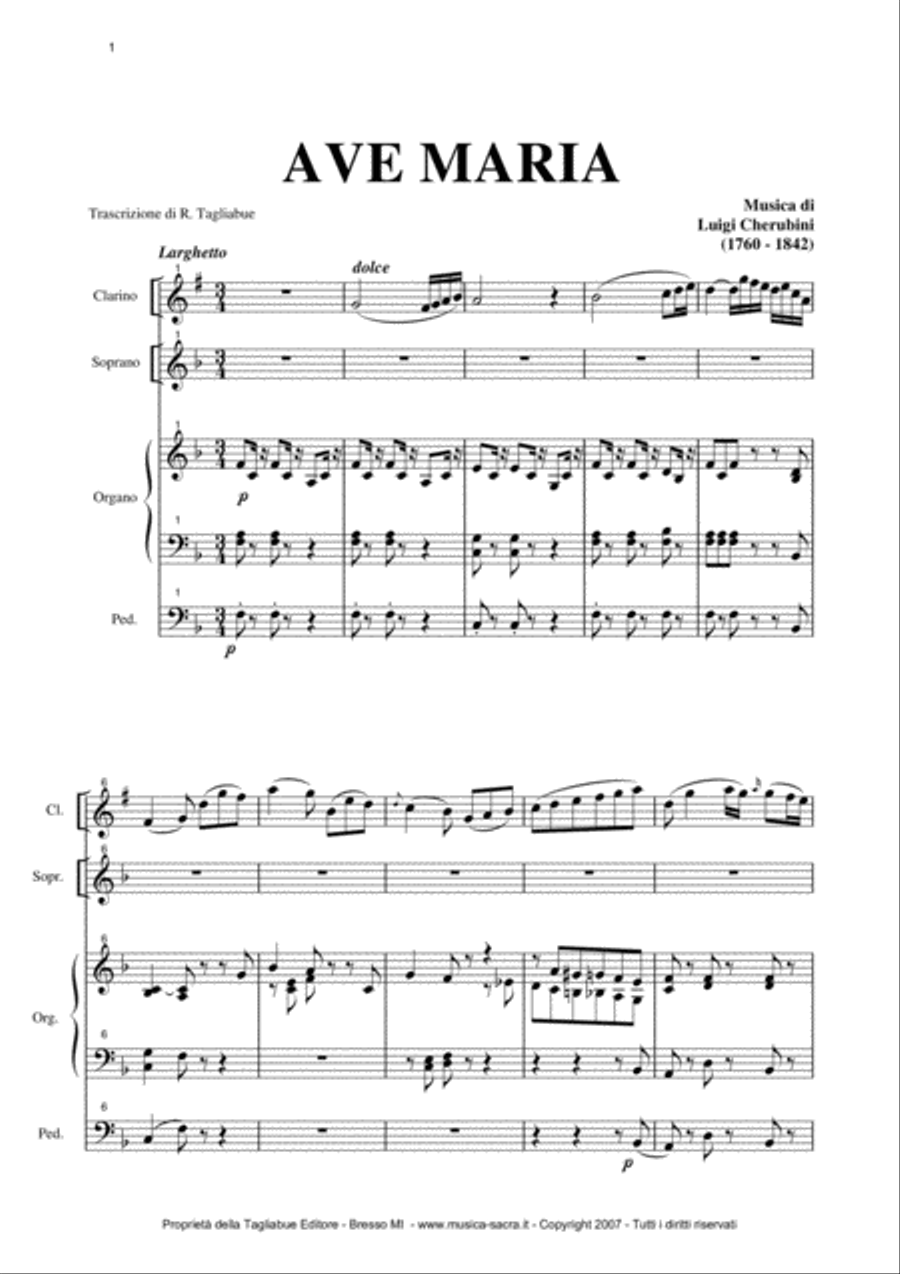 AVE MARIA by Cherubini for Soprano, Clarinet in Bb and Organ Small Ensemble scores gallery preview page 1
