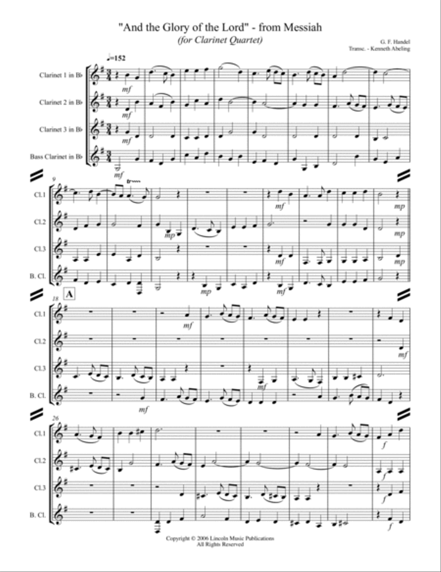 Handel - And the Glory of the Lord from Messiah (for Clarinet Quartet) Clarinet Quartet scores gallery preview page 2