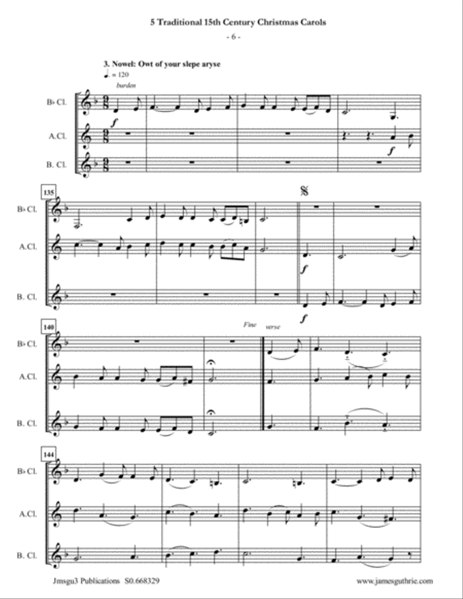 5 Traditional 15th Century Christmas Carols for Clarinet Trio Clarinet Trio scores gallery preview page 6