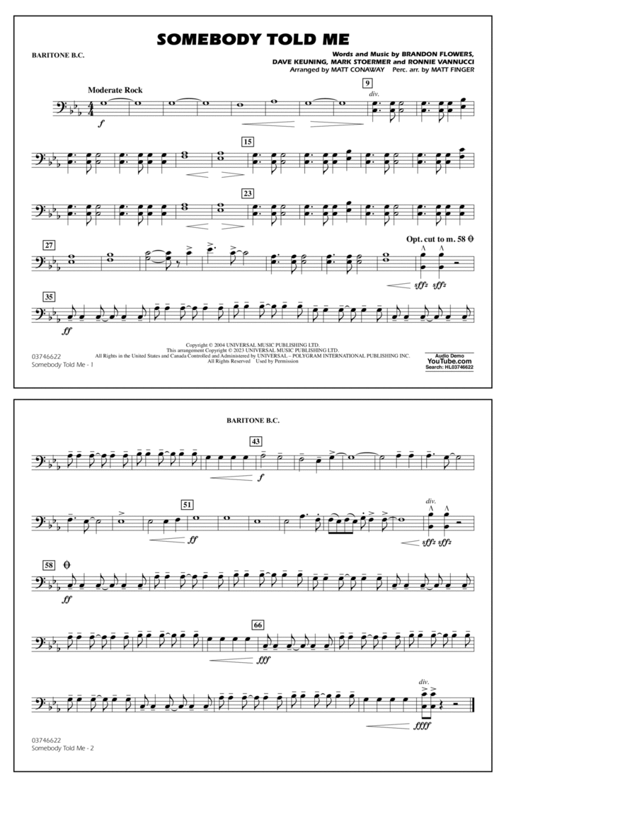 Somebody Told Me (arr. Conaway & Fingers) - Baritone B.C. Marching Band scores gallery preview page 1