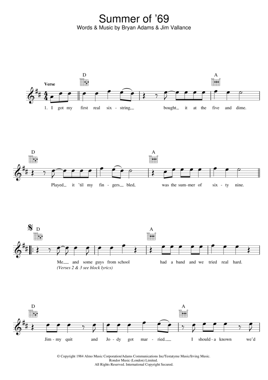 Summer Of '69 Summer Of '69 Piano scores gallery preview page 1