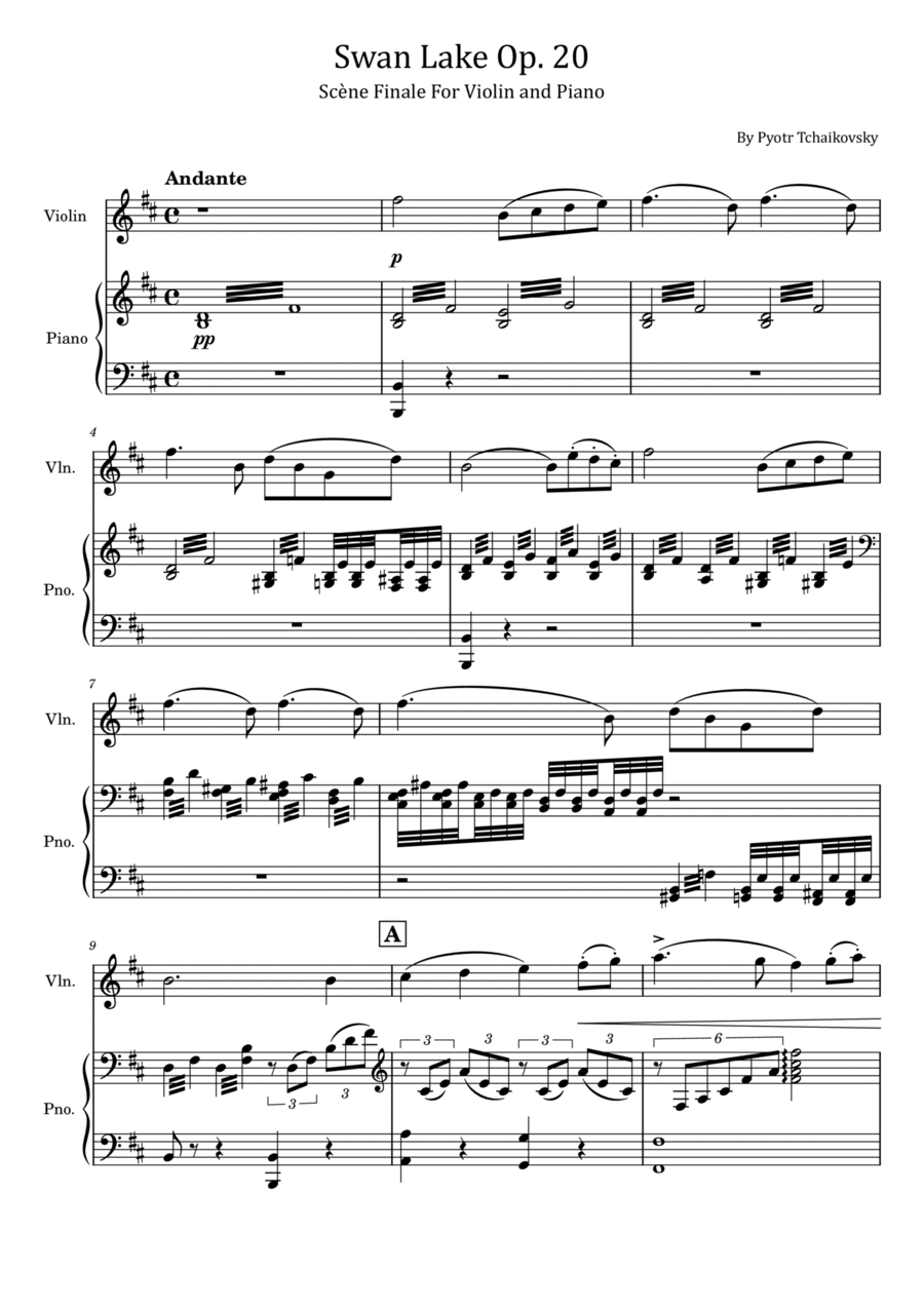 Tchaikovsky - Swan Lake Op 20 in D - Scène Finale - For Violin and Piano Violin Solo scores gallery preview page 1