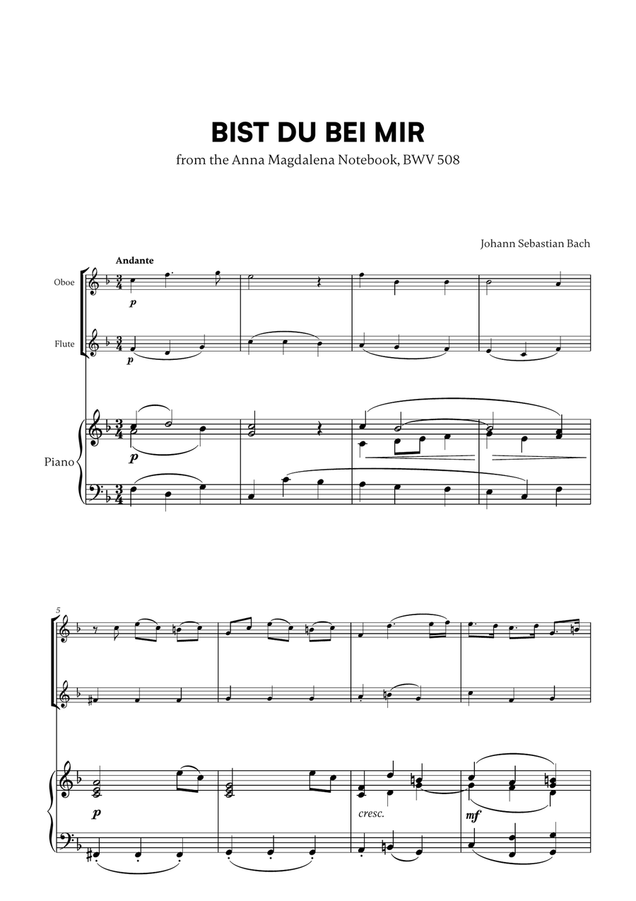 Johann Sebastian Bach - Bist du bei Mir (BWV 508) (F major) (for Oboe and Flute)