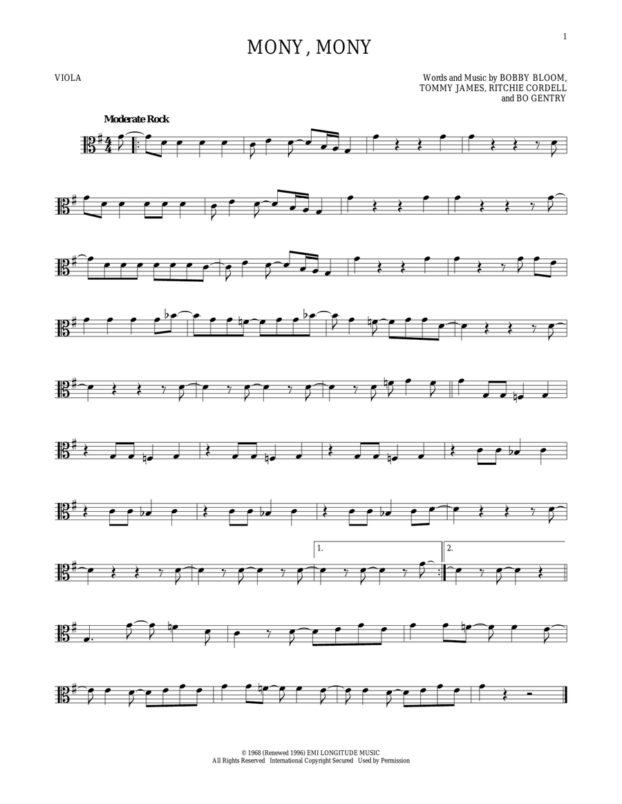 Mony, Mony Mony, Mony Viola Solo scores gallery preview page 1