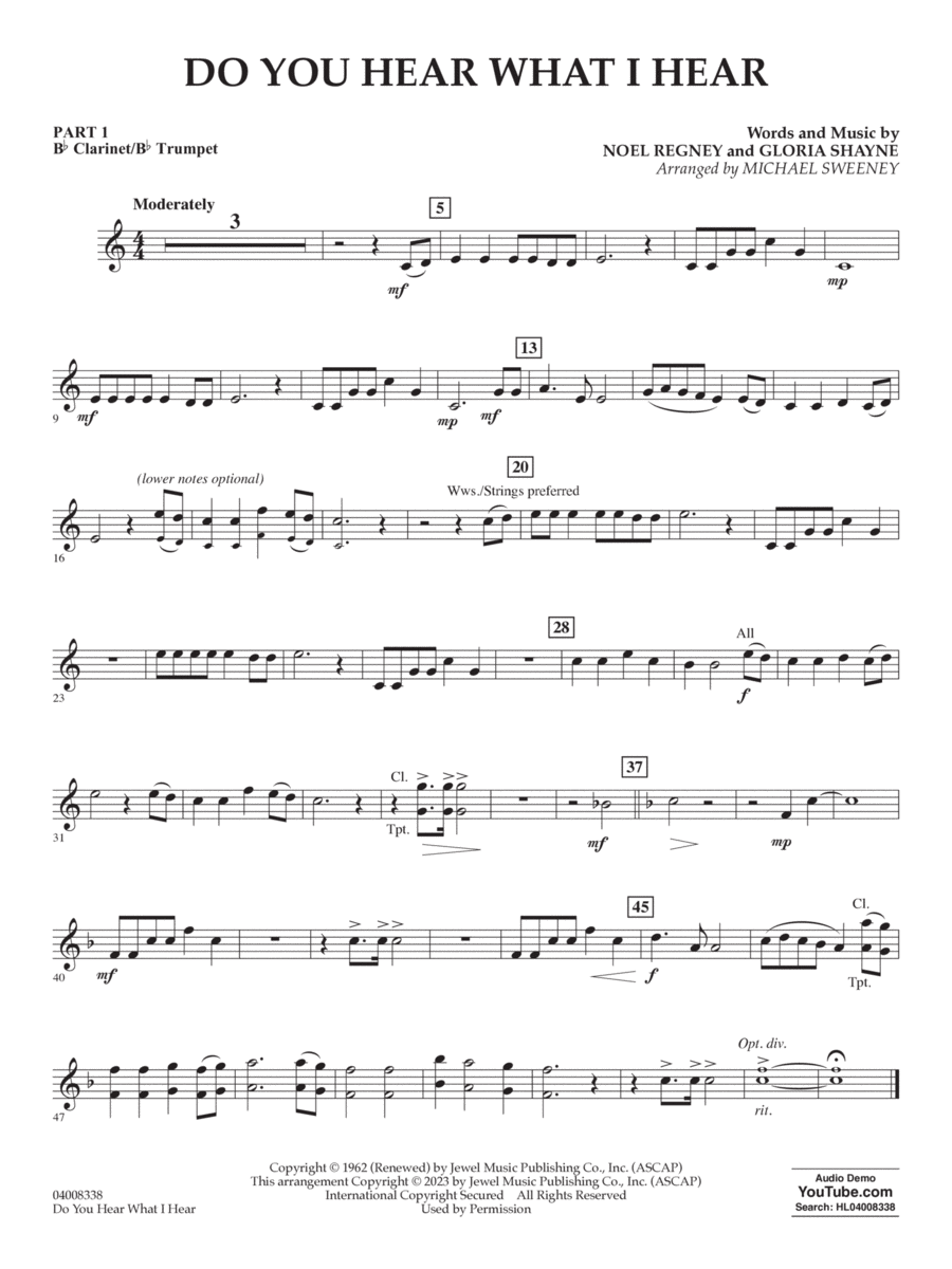Do You Hear What I Hear (arr. Michael Sweeney) - Pt.1 - Bb Clarinet/Bb Trumpet Concert Band scores gallery preview page 1