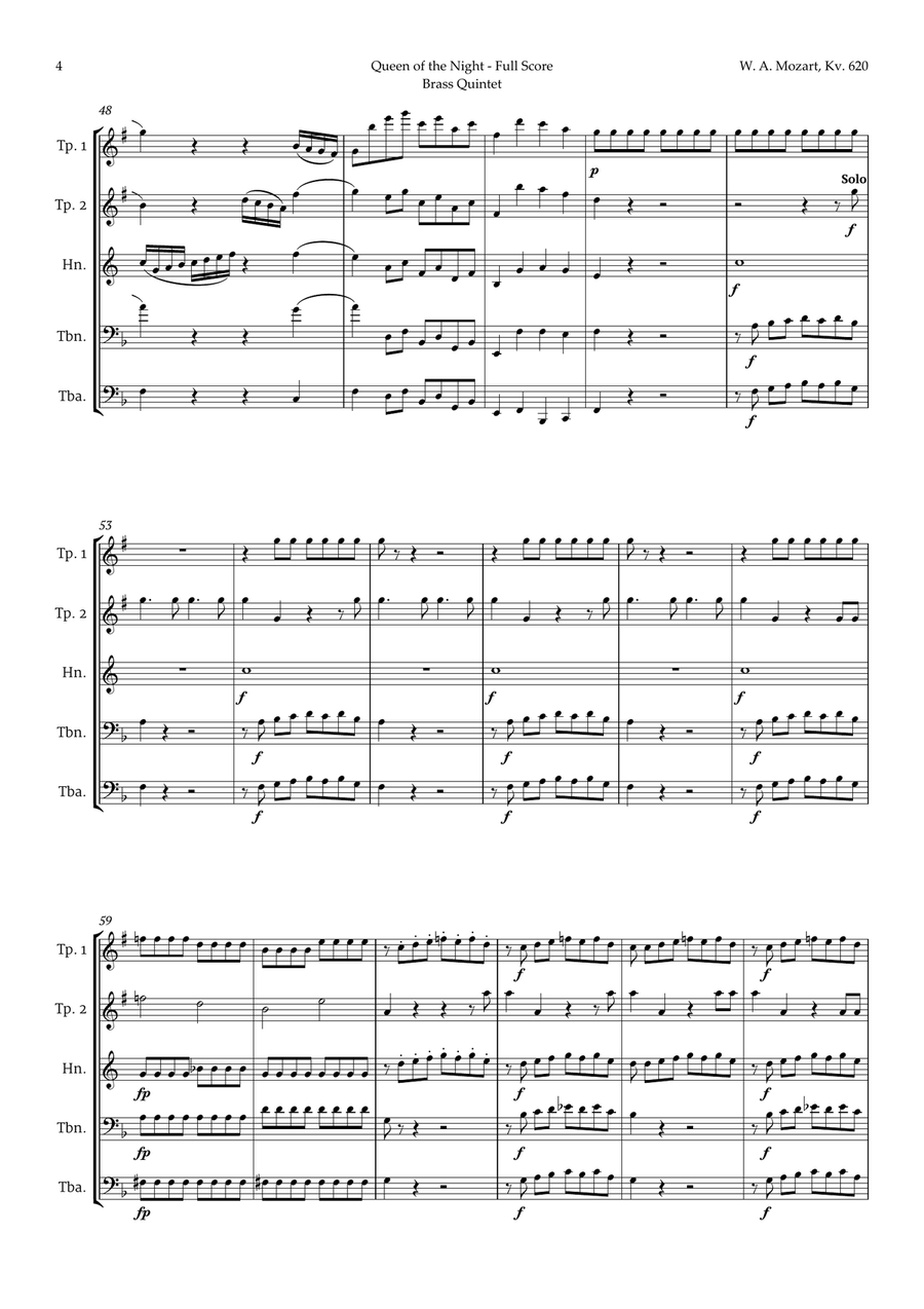 Queen of the Night Aria by Mozart for Brass Quintet Brass Quintet scores gallery preview page 4