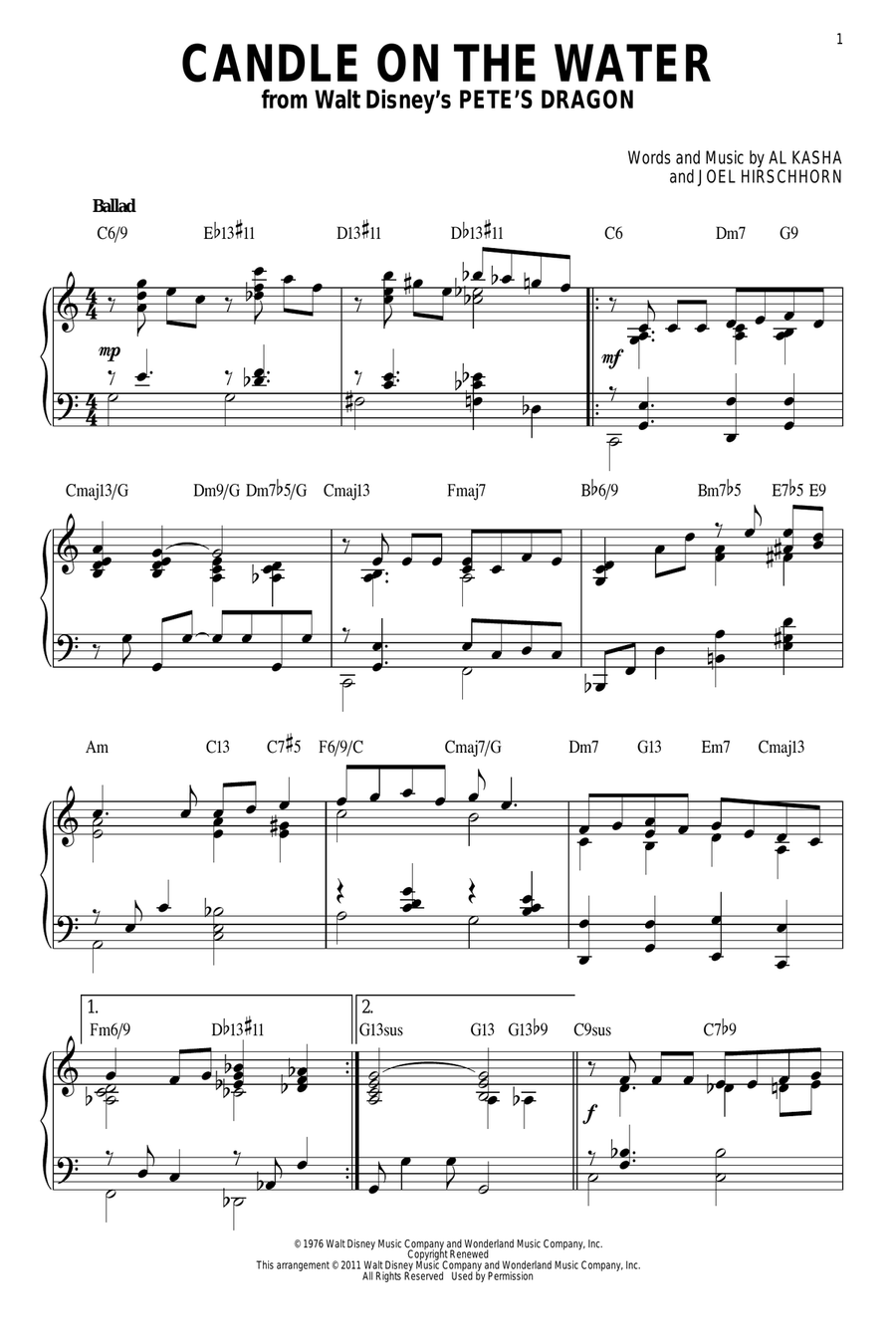 Candle On The Water (from Pete's Dragon) [Jazz version] (arr. Brent Edstrom) Piano Solo scores gallery preview page 1