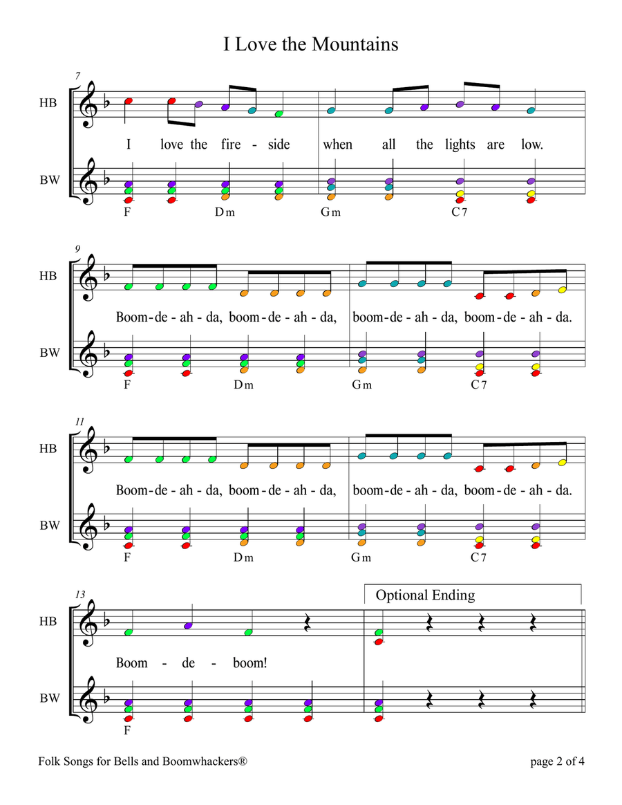 I Love the Mountains (for 13-note Bells and Boomwhackers with Color Coded Notes) Handbell Choir scores gallery preview page 6