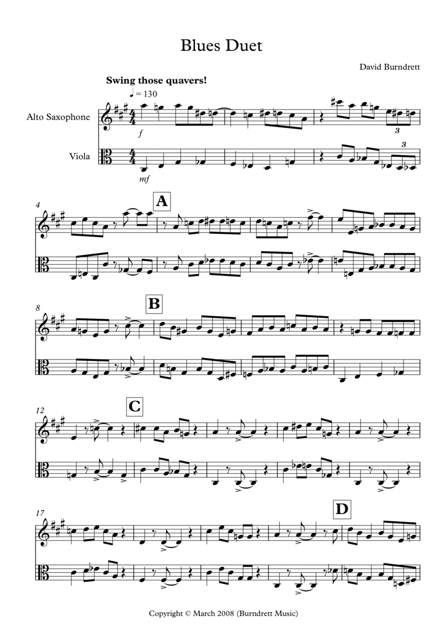Blues Duet for Alto Saxophone and Viola Alto Saxophone scores gallery preview page 1