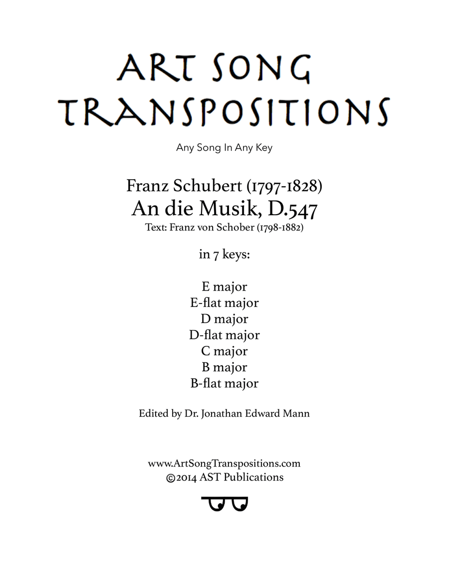 SCHUBERT: An die Musik, D. 547 (in 7 keys: E, E-flat, D, D-flat, C, B, B-flat major) Piano, Vocal scores gallery preview page 1