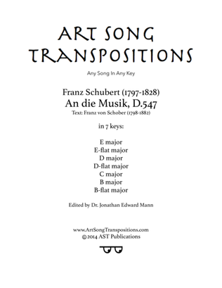 Book cover for SCHUBERT: An die Musik, D. 547 (in 7 keys: E, E-flat, D, D-flat, C, B, B-flat major)