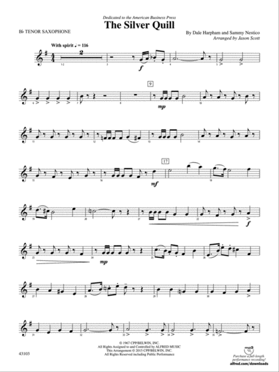The Silver Quill: B-flat Tenor Saxophone Concert Band scores gallery preview page 1