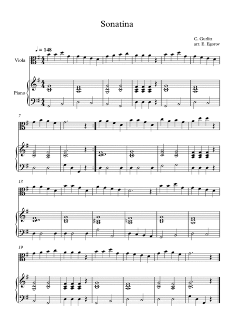 Sonatina, Cornelius Gurlitt, For Viola & Piano Viola scores gallery preview page 1