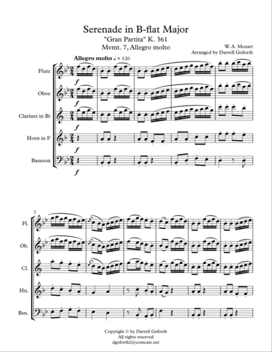 Mozart: Serenade in Bb Major, K. 361 (Gran Partita) for Wind Quintet Mvmt. 7 (Allegro molto) Woodwind Quintet scores gallery preview page 1