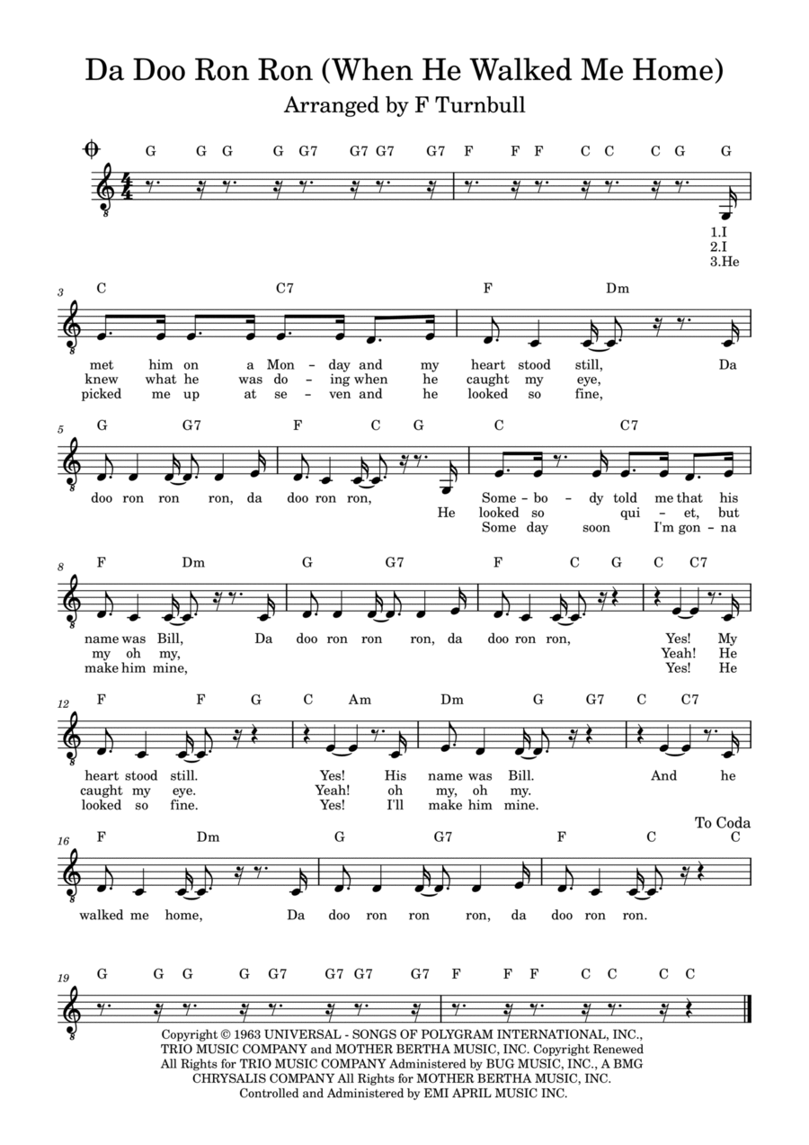 Da Doo Ron Ron (when He Walked Me Home) Piano, Vocal, Guitar scores gallery preview page 1