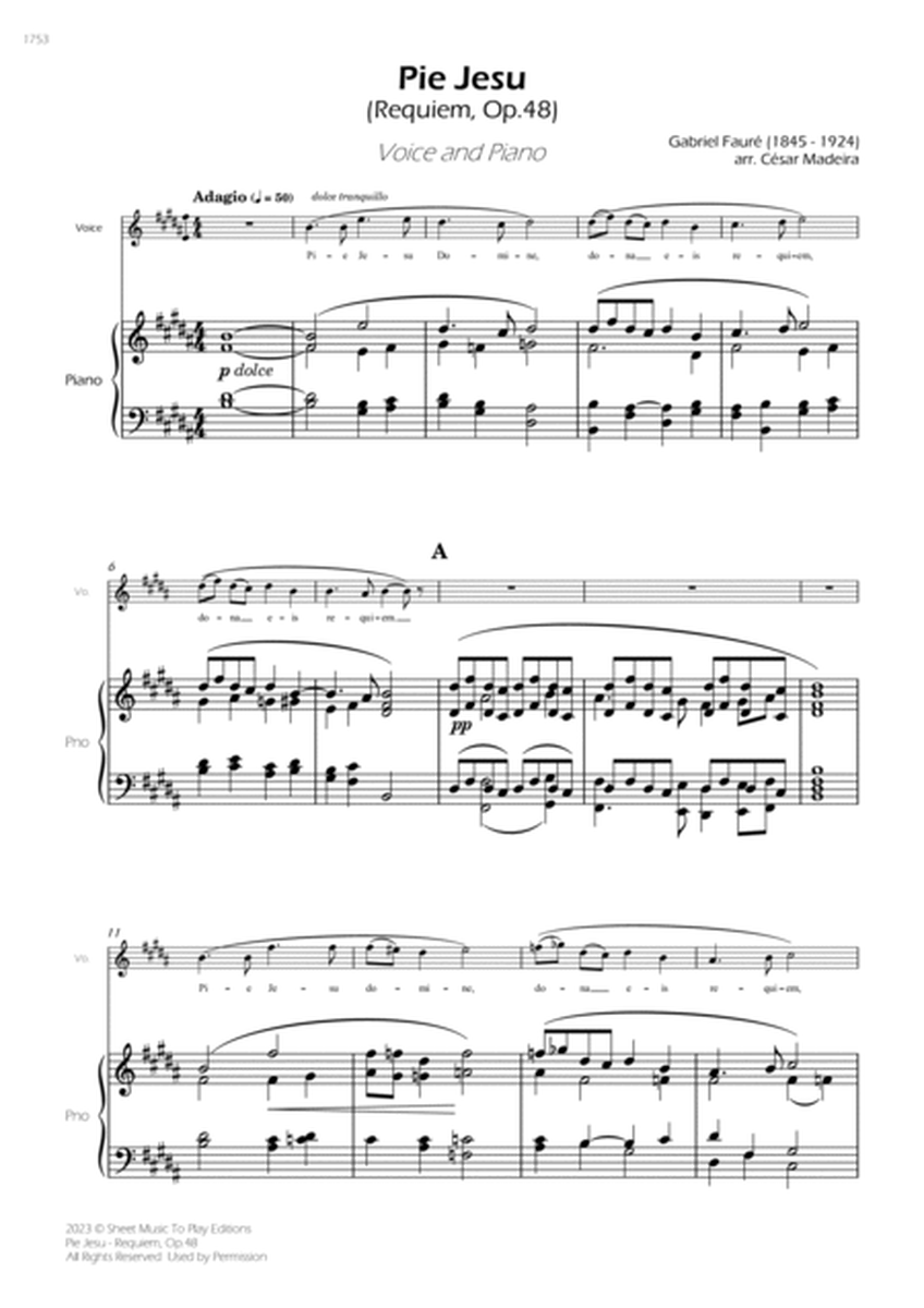 Pie Jesu (Requiem, Op.48) - Voice and Piano - B Major (Full Score and Parts) image number null