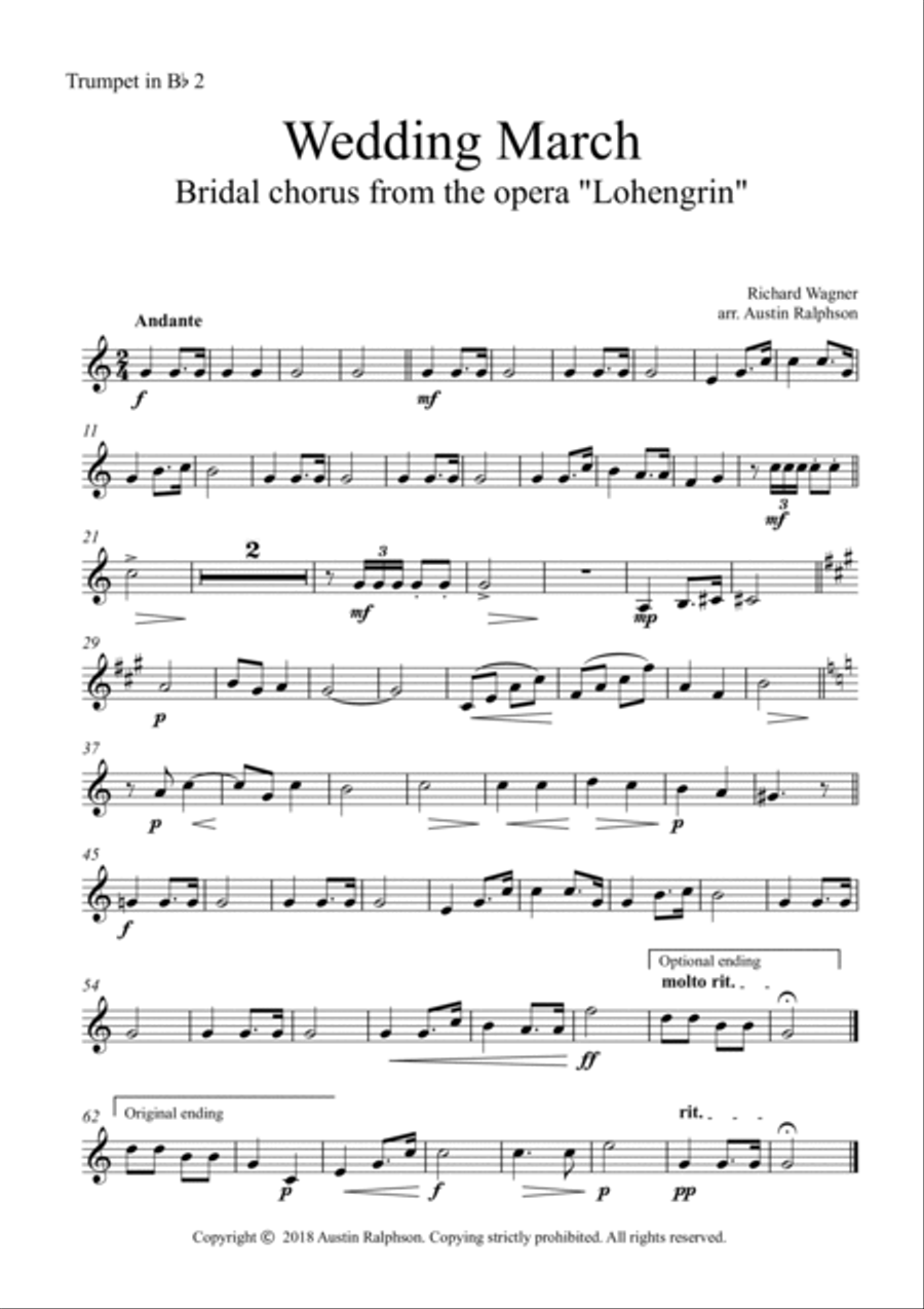 Wedding March (Bridal Chorus from 'Lohengrin': Here Comes The Bride) - brass quintet optional organ Horn scores gallery preview page 3