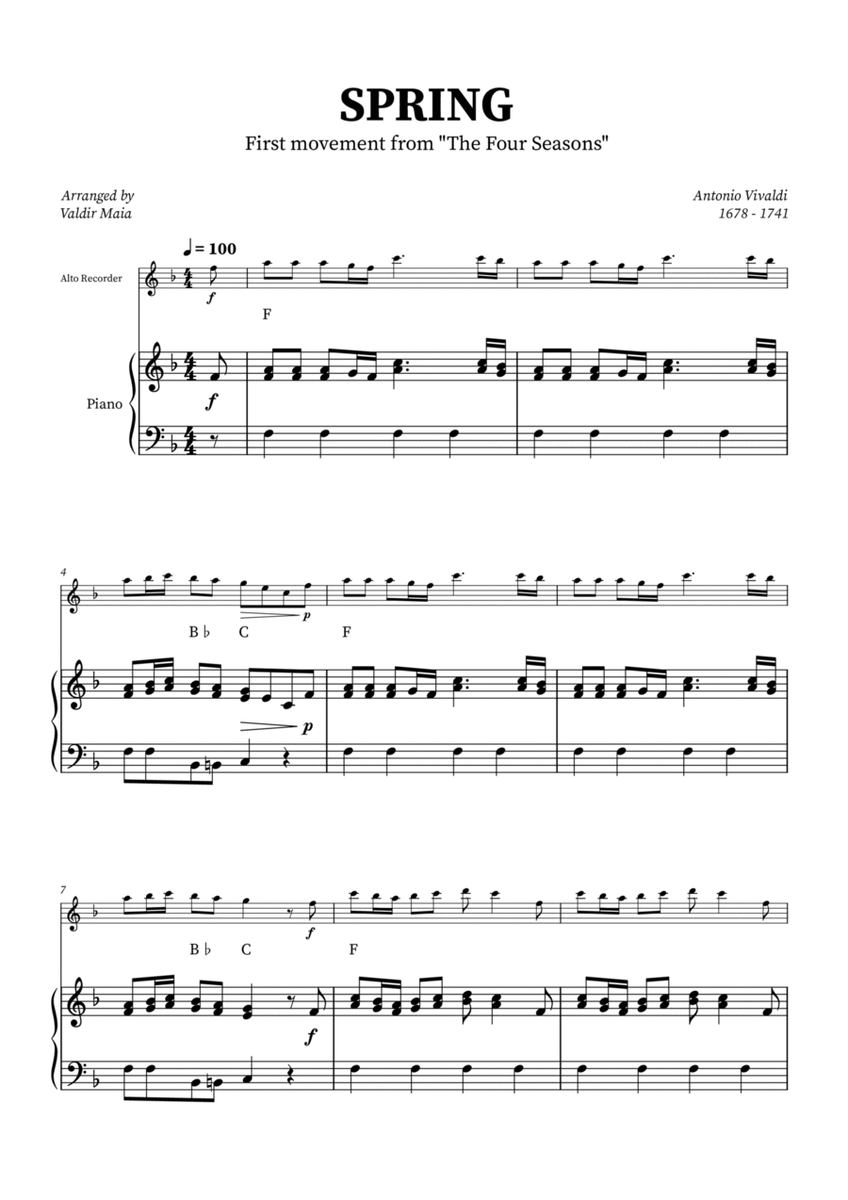 Spring - The Four Seasons for Alto Recorder with Piano Accompaniment (+ CHORDS) image number null