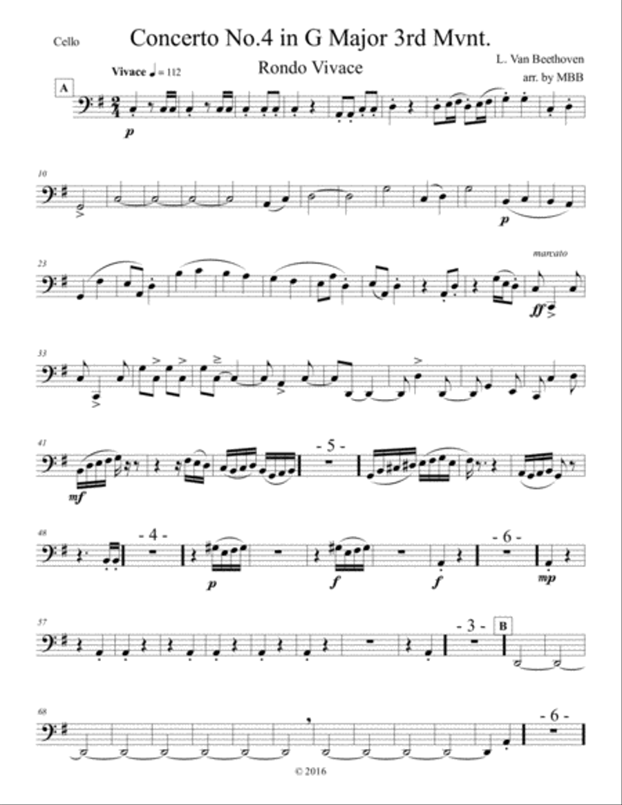 Concertos for Five Beethoven 4th Piano Concerto in G arr. for String Quartet 3rd Mmvnt. string parts Piano Quintet scores gallery preview page 1