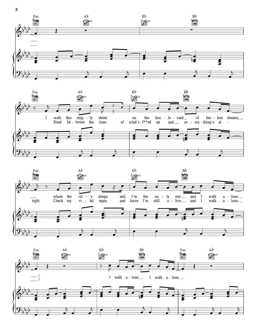 Boulevard Of Broken Dreams Piano, Vocal, Guitar scores gallery preview page 2