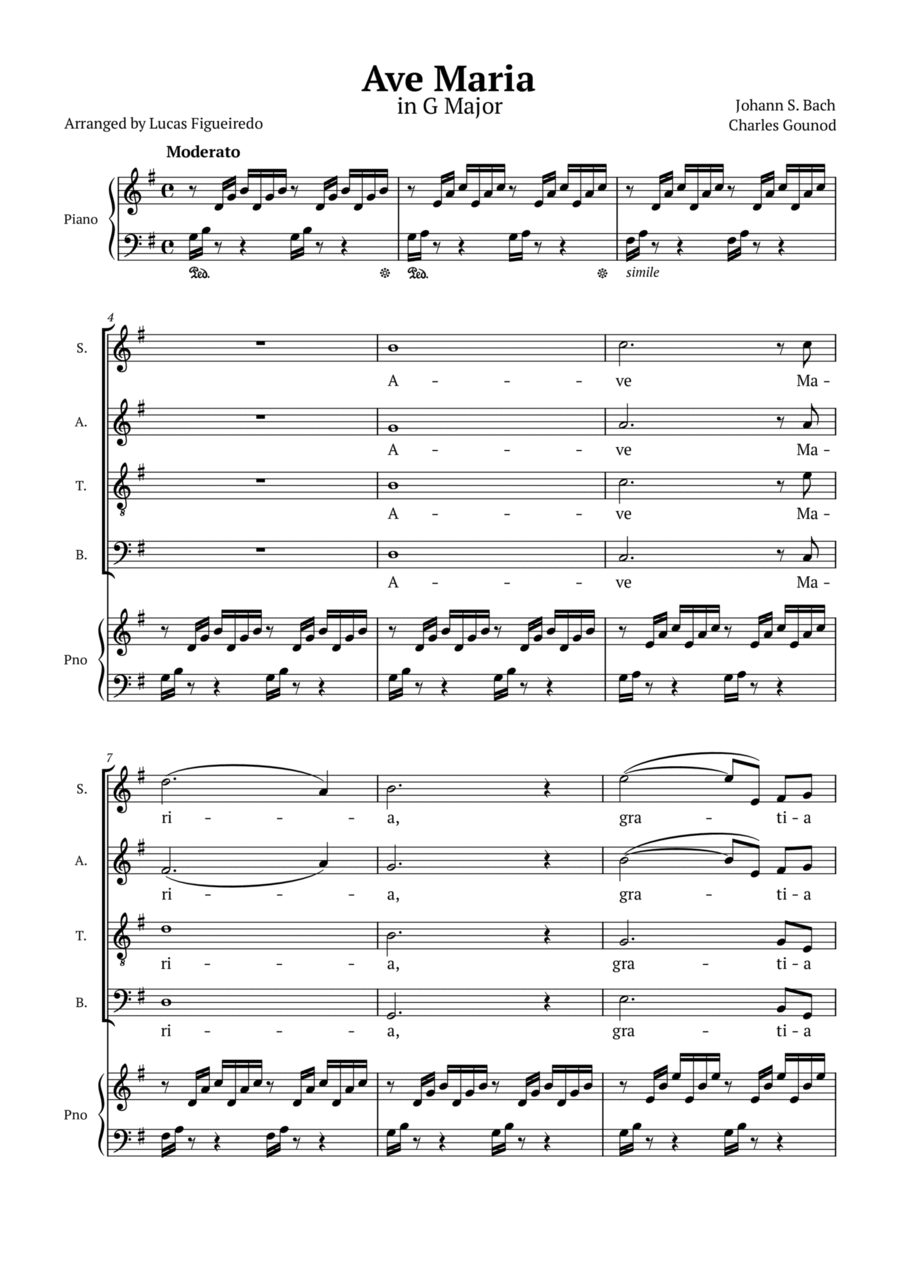 Ave Maria (Bach-Gounod) in G Major for SATB with Piano Accompaniment 4-Part scores gallery preview page 1