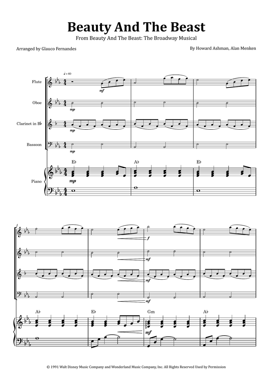 Beauty And The Beast Woodwind Quartet scores gallery preview page 1