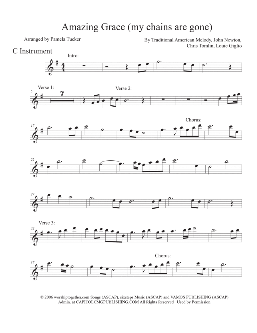 Amazing Grace (My Chains Are Gone) C Instrument scores gallery preview page 1