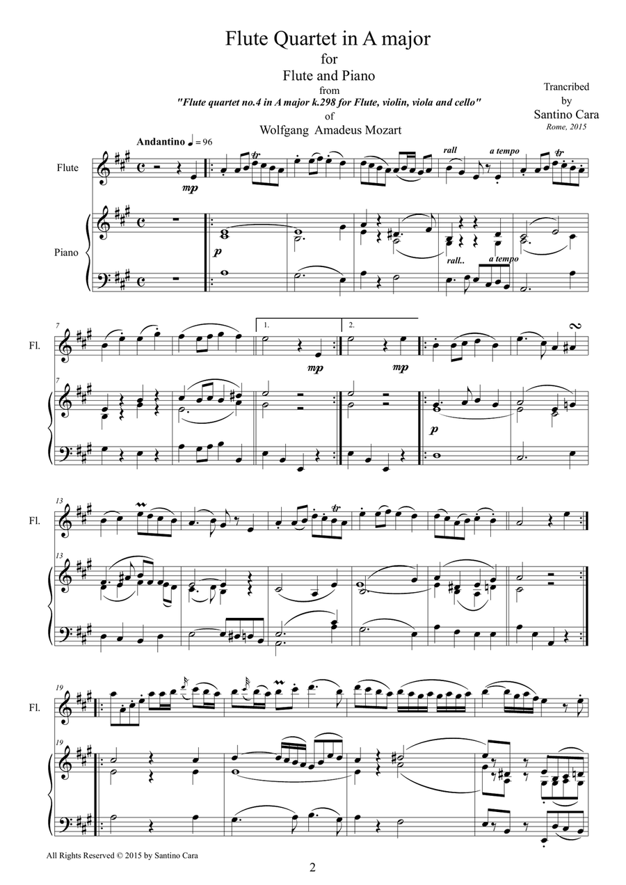 Mozart - Flute quartet in A K.298 - Version for Flute and piano Flute Solo scores gallery preview page 2