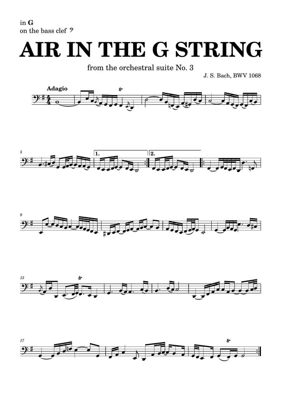 Air on the G string in D, BWV 1068 (accompanied) - for G instruments in bass clef Small Ensemble scores gallery preview page 1