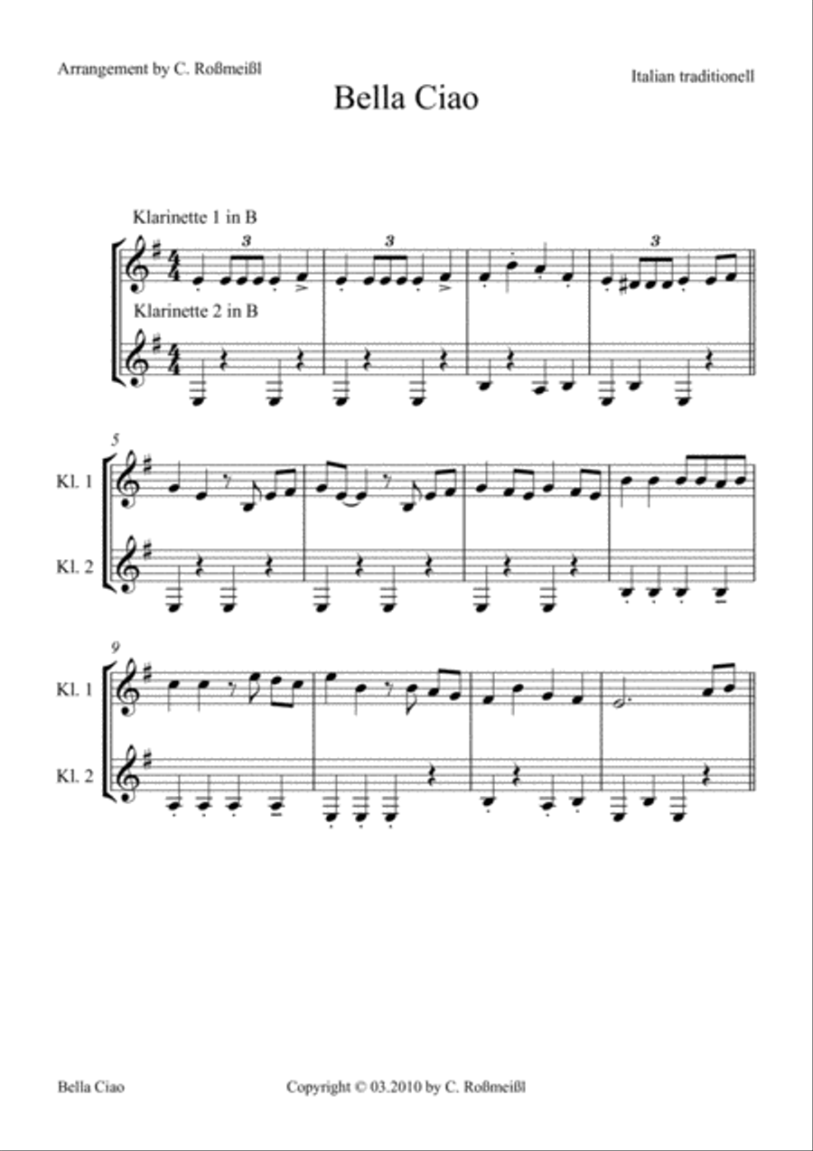 Bella Ciao for two Clarinets Clarinet Duet scores gallery preview page 2