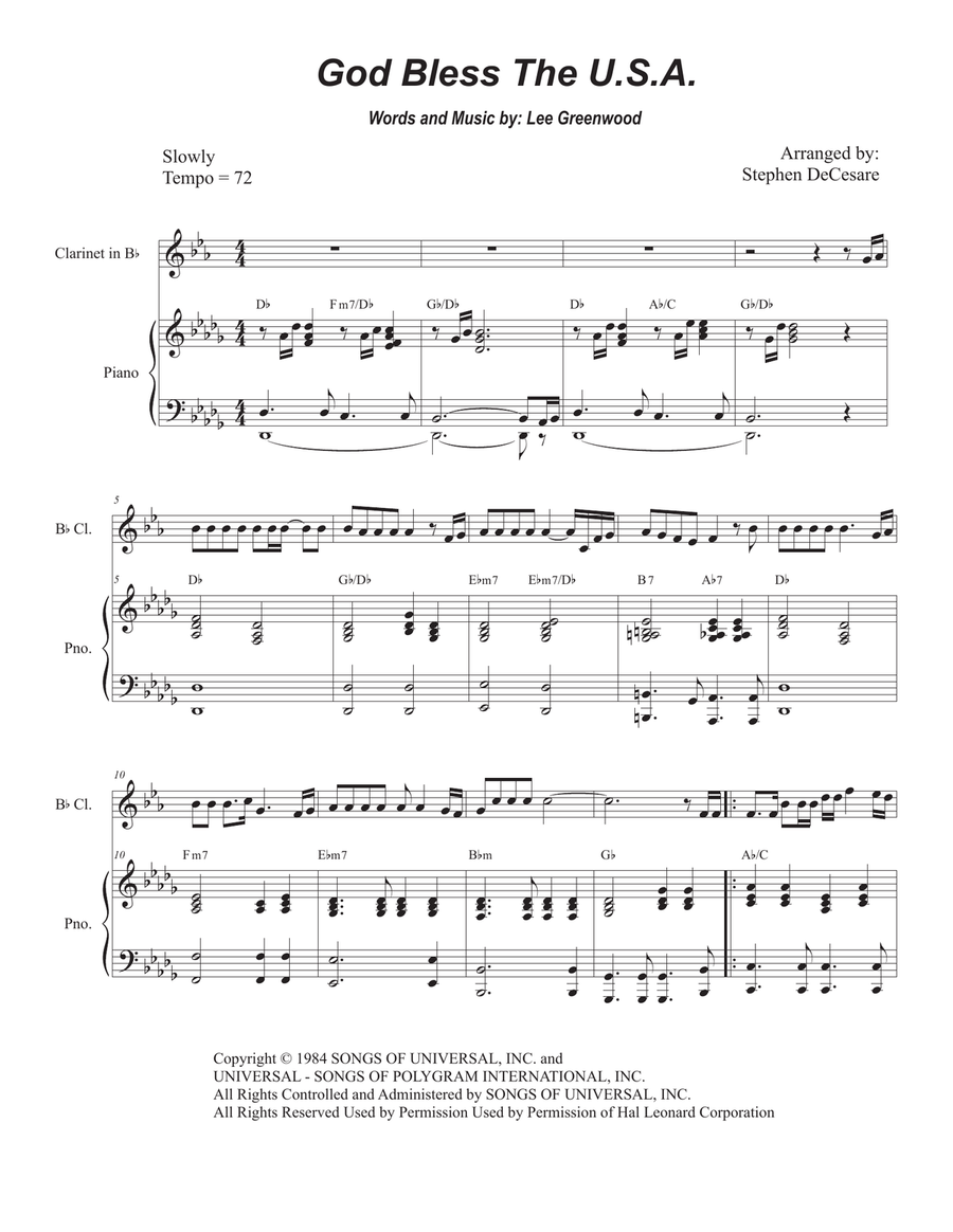 God Bless The U.S.A. Clarinet Solo scores gallery preview page 1