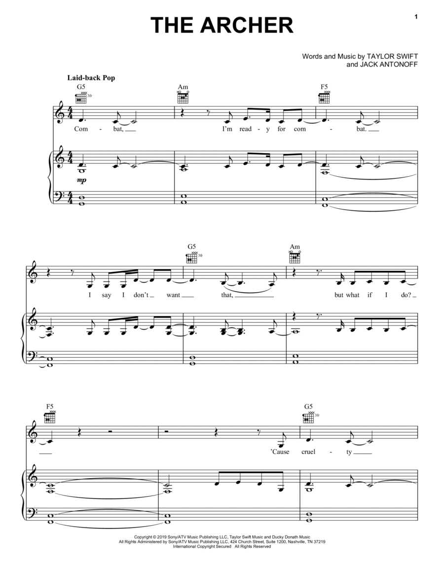 The Archer Piano, Vocal, Guitar scores gallery preview page 1