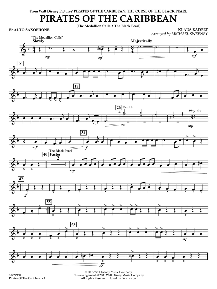 Book cover for Pirates of the Caribbean (arr. Michael Sweeney) - Eb Alto Saxophone