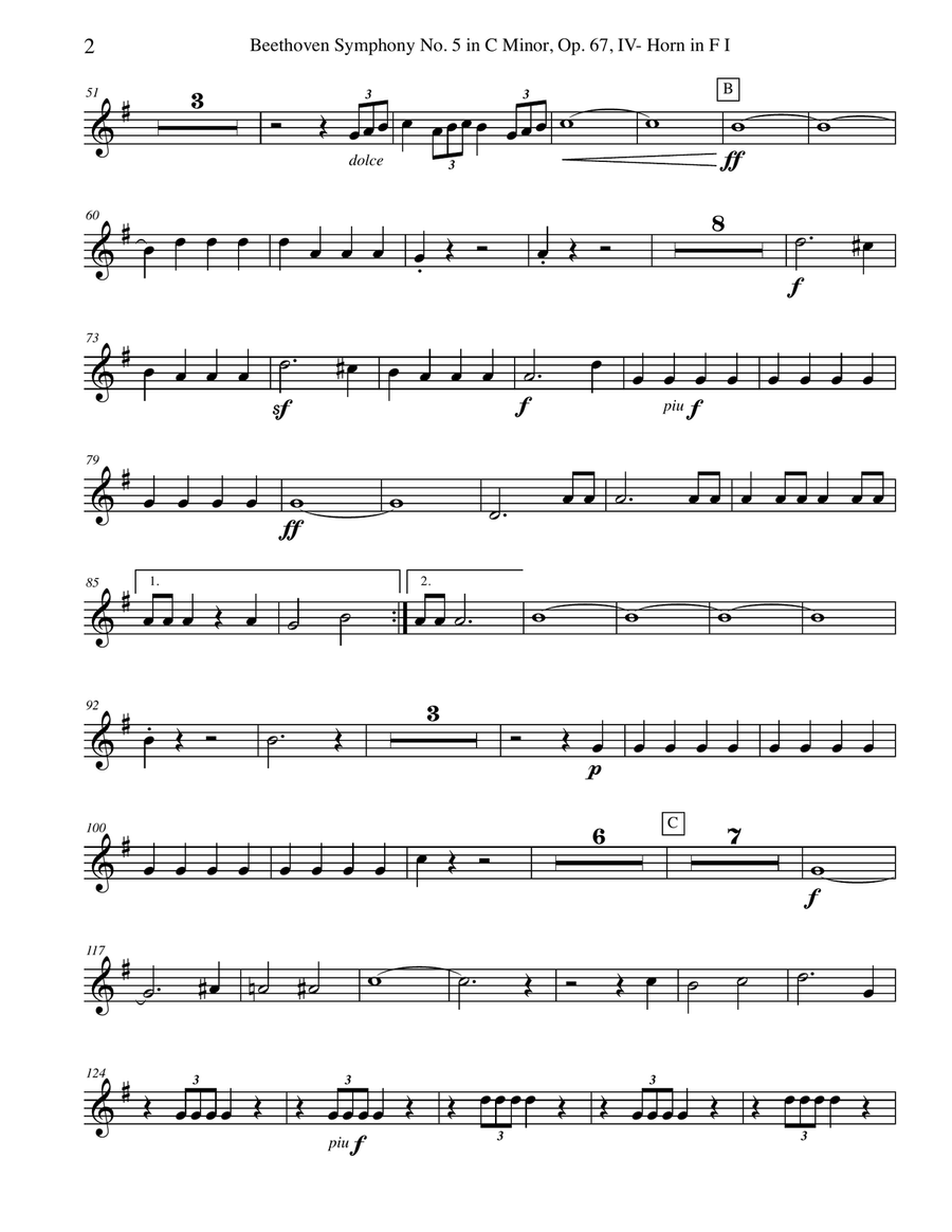 Beethoven Symphony No. 5, Movement IV - Horn in F 1 (Transposed Part), Op. 67 Horn Solo scores gallery preview page 2