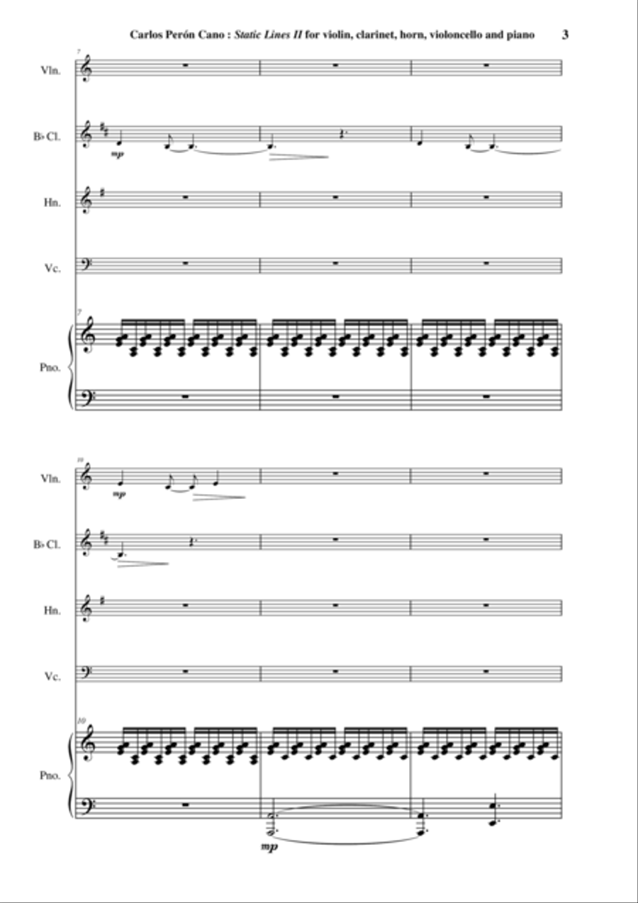 Carlos Perón Cano: Static Lines II (2003) for violin, clarinet in Bb, horn, violoncello and piano Small Ensemble scores gallery preview page 3