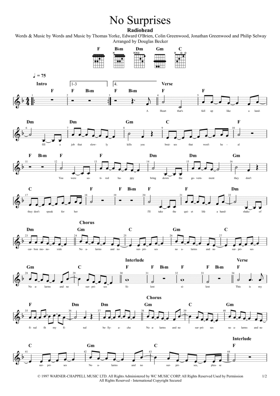 No Surprises Piano, Vocal, Guitar scores gallery preview page 1
