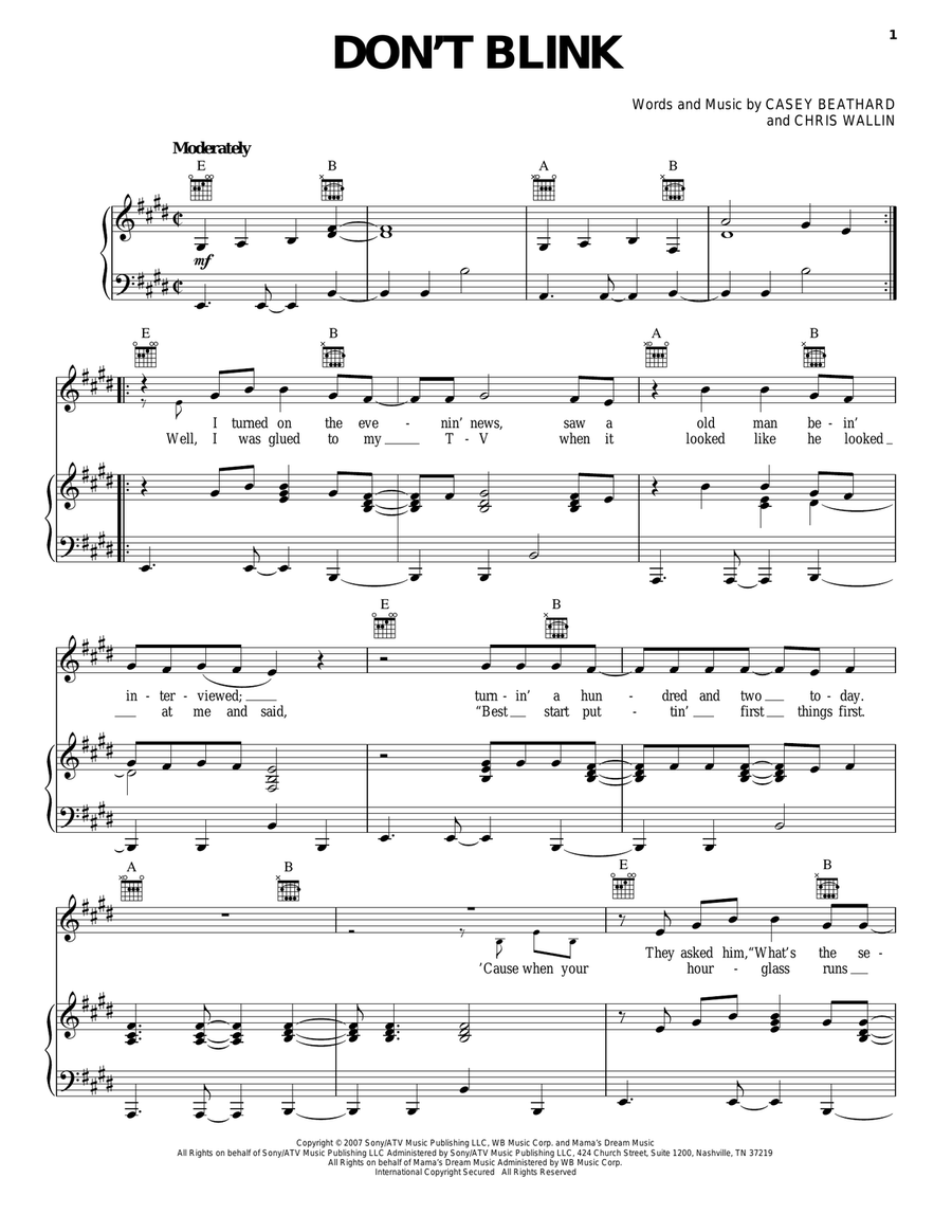 Don't Blink Piano, Vocal, Guitar scores gallery preview page 1