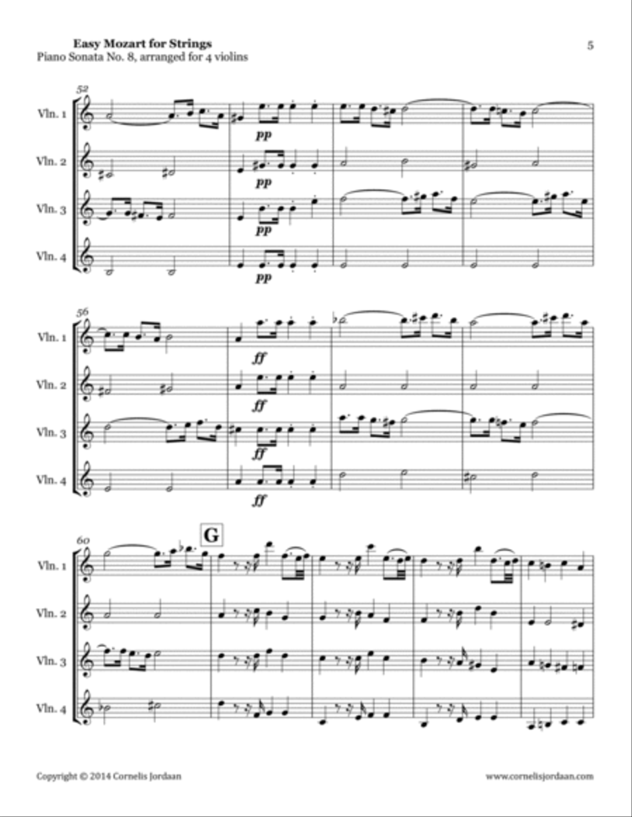 Easy Mozart for Strings - Piano Sonata No. 8, arranged for 4 violins