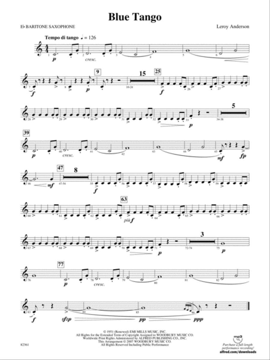 Blue Tango: E-flat Baritone Saxophone Concert Band scores gallery preview page 1