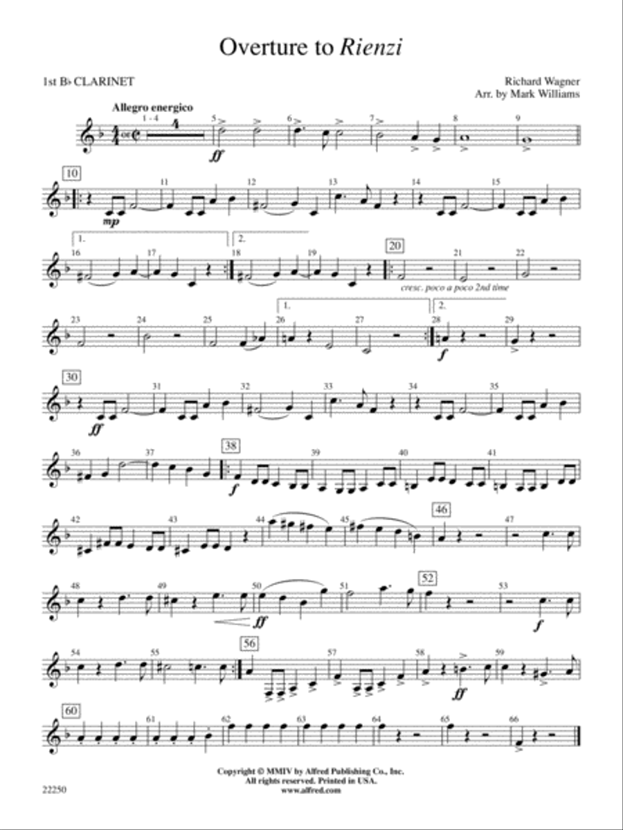 Overture to Rienzi: 1st B-flat Clarinet Concert Band scores gallery preview page 1