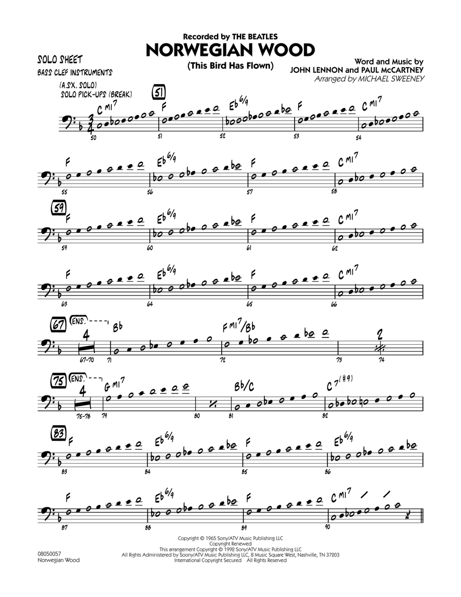 Norwegian Wood (This Bird Has Flown) - Bass Clef Solo Sheet